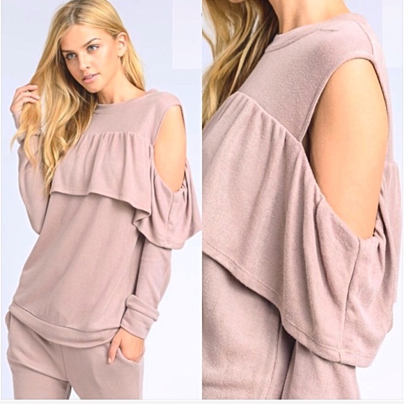 Dusty Pink Blush Ruffle Cold Shoulder Top S - Picture 4 of 6